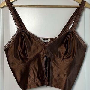 Jolie & Joy Satin Chocolate Brown Lace Trim Bustier Crop Top Y2K Coquette Style